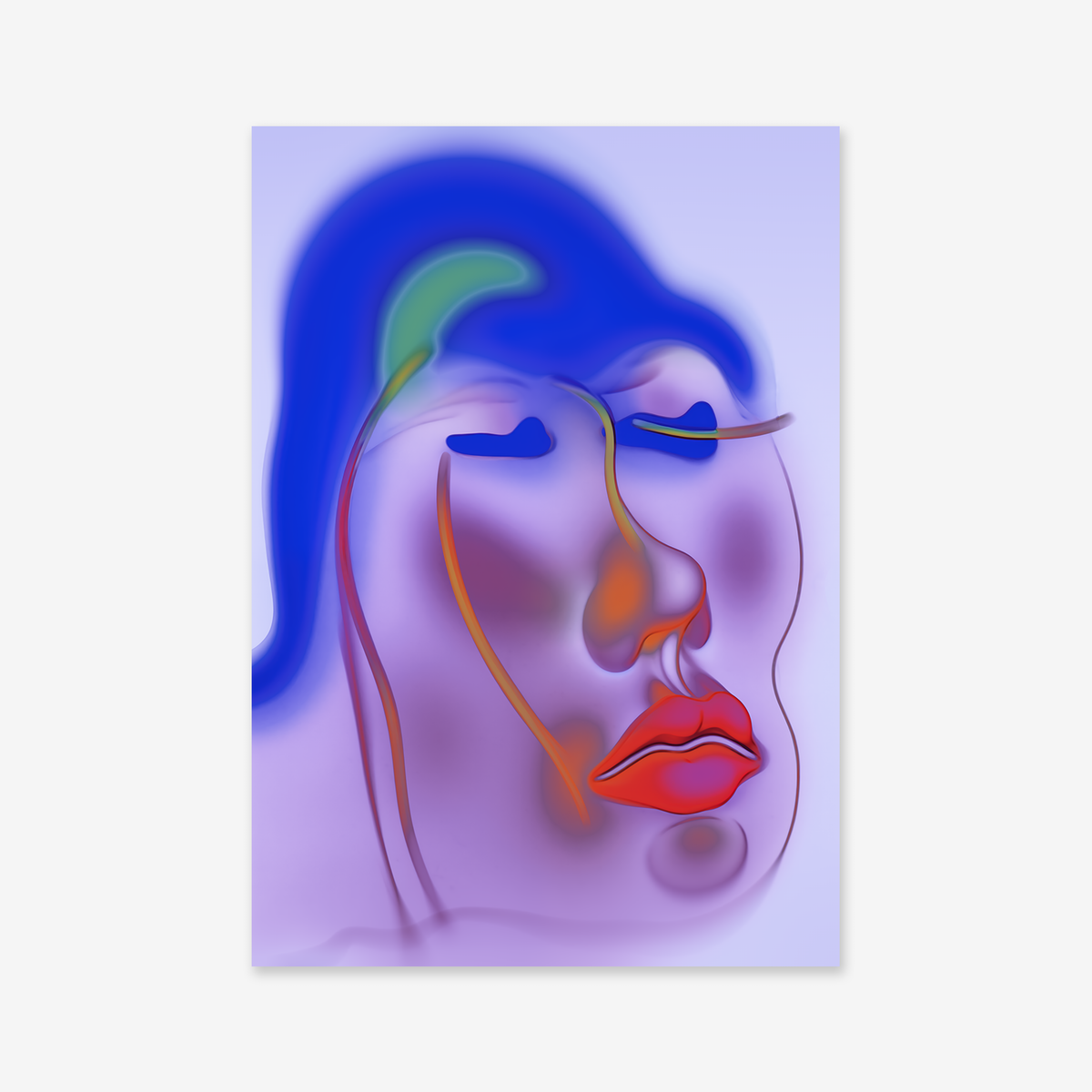 Feeling it" is a dreamy, surreal Giclée art print featuring an abstract digital face in vibrant colors—bold blue and green hair, orange-red lips, and soft purple shading. Perfect for modern interiors on matte archival paper.