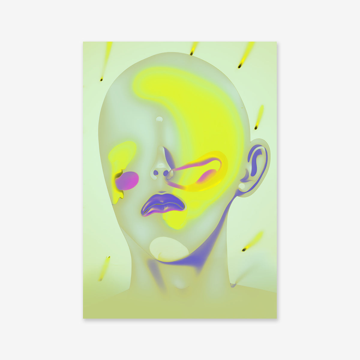 Feeling sick No. 1: A digital illustration of a bald, abstract head with neon yellow, pink, and purple streaks on the face, set against pale green—ideal as a modern interior accent or vivid giclée art print on archival paper.
