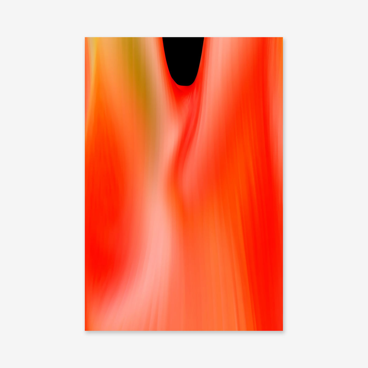 Fibre is an abstract digital artwork with flowing, blurred streaks of red, orange, and yellow and a central curved shape topped by a black oval. This Giclée print on matte archival paper adds modern style to any interior.