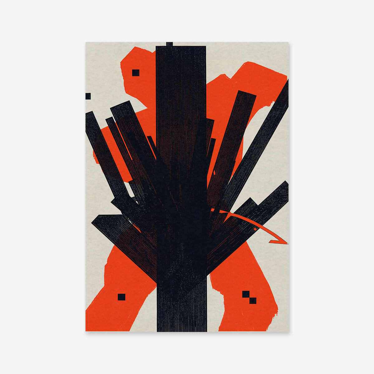 Fighting trees" is a striking Giclée art print showcasing bold black geometric shapes radiating over a vivid red form on light gray, bringing dynamic contrast and modern style to any space with its matte archival paper.