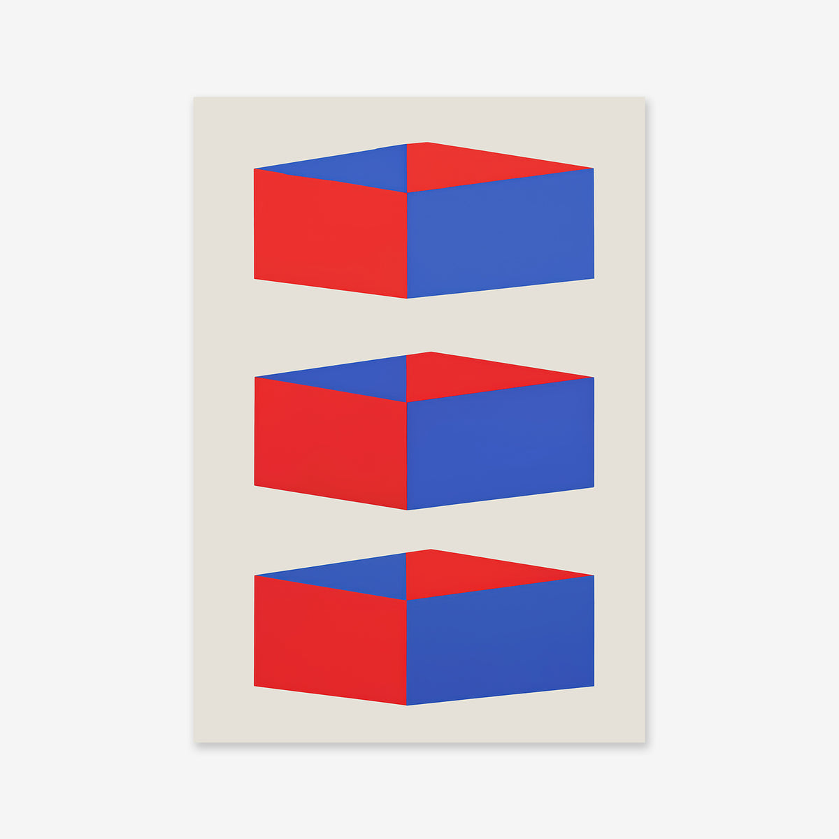 Floating boxes No. 1 features three hexagonal shapes stacked vertically on a white background. Red and blue faces create a striking 3D effect, making this giclée art print ideal for adding modern style to any interior space.