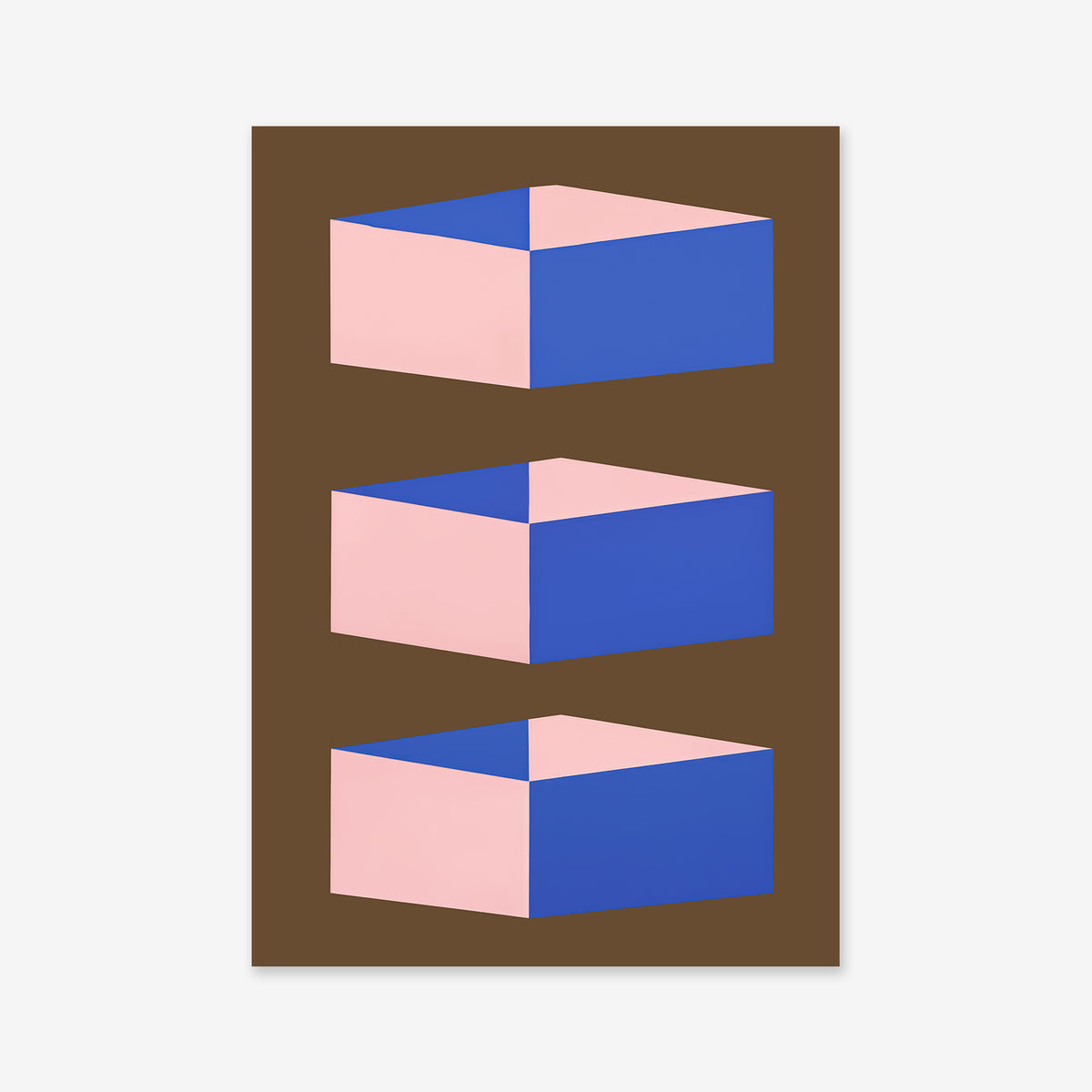 Floating boxes No. 2" features three 3D geometric boxes with pink and blue sides, stacked vertically against a brown background—a bold Giclée art print perfect for modern interiors.