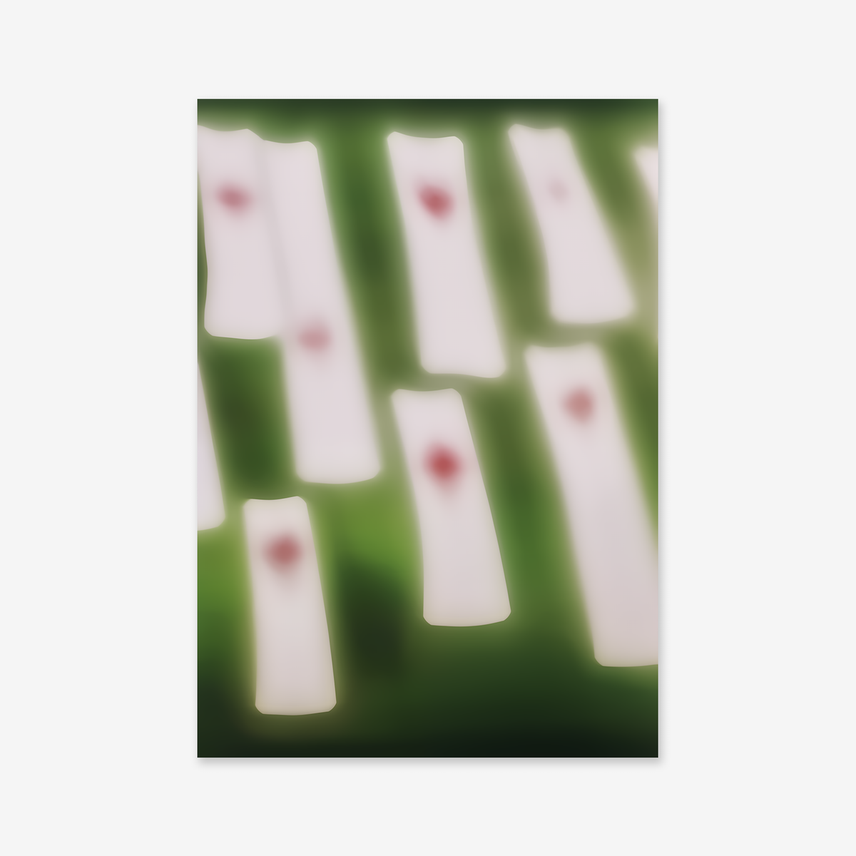Floating in the air 001: Blurry image of white rectangles with red circles on a green background—perfect as a giclée art print for modern interiors.