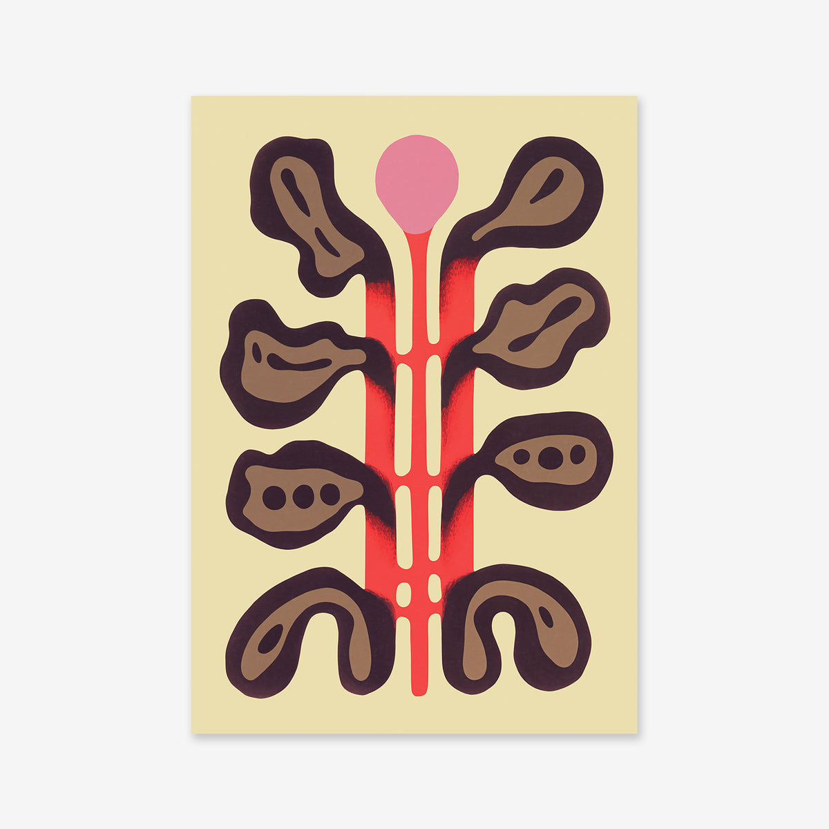 Flora series No 6: Abstract artwork with a central red line branching into brown shapes, black accents, and a pink circle atop a light beige background—ideal as a giclée art print for modern interior decor.