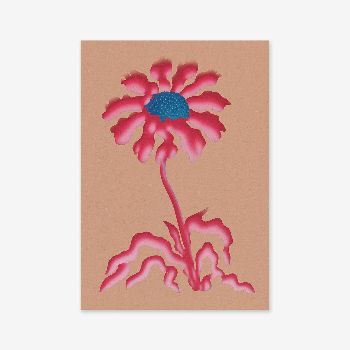 Floral destruction No. 4 features a stylized pink flower with wavy petals, blue center, and leaves on a plain brown background—ideal as a Giclée art print on matte archival paper for modern interior decor.