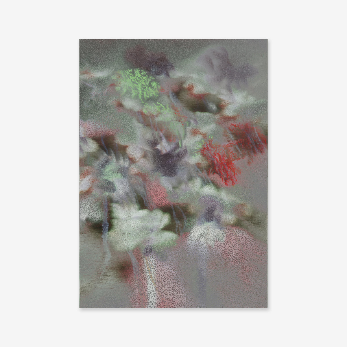 Flora obscura is a dreamy giclée art print featuring soft, abstract floral shapes in muted green, red, purple, and white on a textured gray background—perfect for adding an ethereal touch to any modern interior.