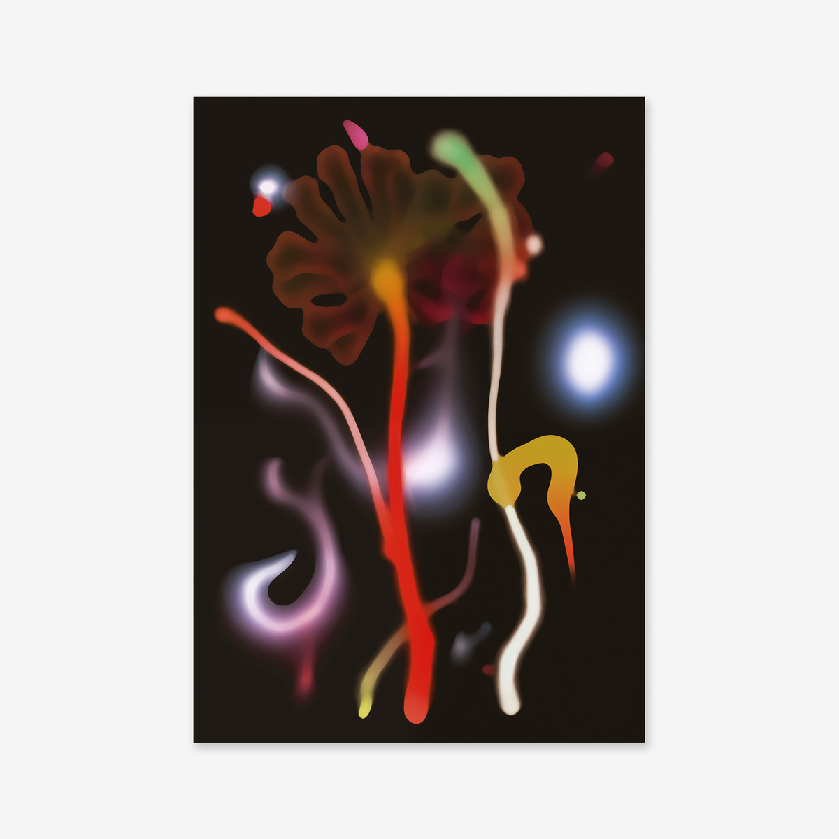 Flowers in Dreams No. 1 is a vibrant giclée art print on archival paper, featuring colorful, glowing abstract shapes and lines on a black background—floral forms perfect for adding modern style to any interior.