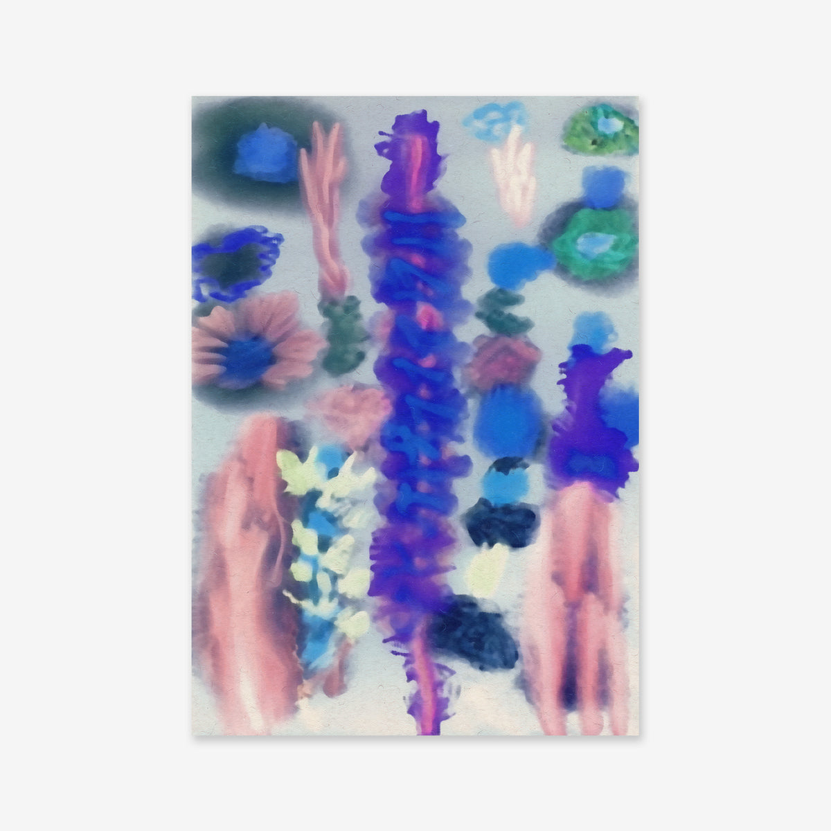 Flower doodles is an abstract watercolor painting with soft, blurred blue-violet forms and pastel flower-like textures on a gray background. Perfect as a modern interior poster or Giclée art print.