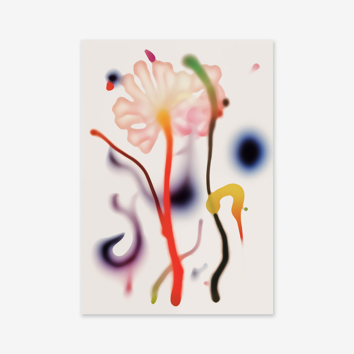 Flowers in dreams No. 3" is an abstract artwork of blurred, colorful shapes resembling flower stems and petals in pink, red, green, yellow, purple, and black on white—ideal as a modern Giclée art print.
