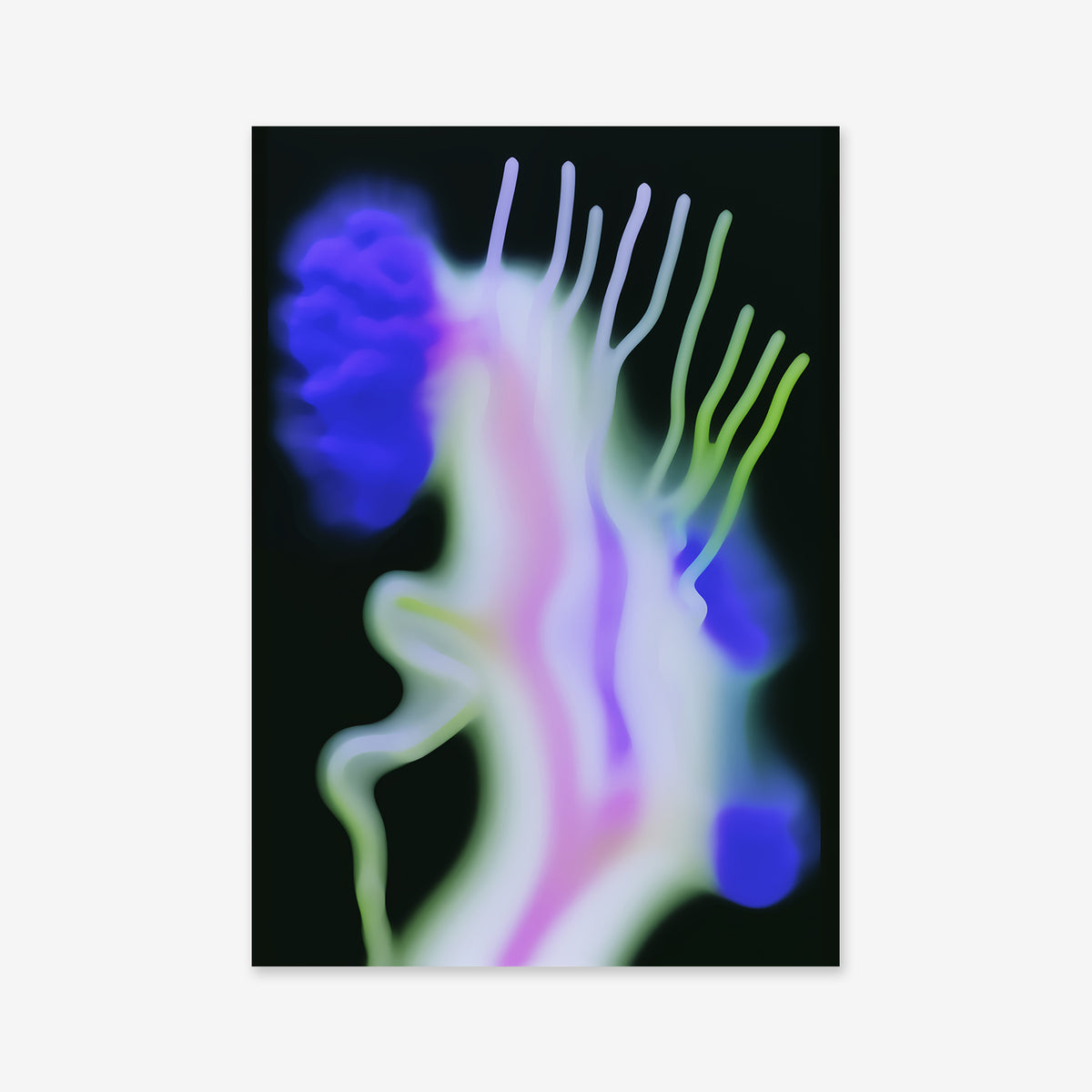 Flowers in dreams No. 2: Abstract digital artwork with bright blue, purple, pink, and green organic shapes and wavy lines on black, evoking a neon underwater creature. Ideal as a giclée art print on archival paper for modern interiors.