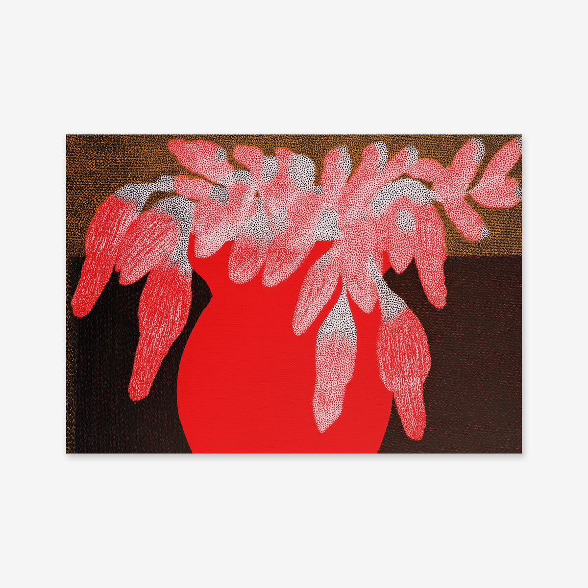 Flowers in Vase" features a bright red vase with pink, elongated flowers, rendered in a dotted texture on a dark brown and black background—ideal as a giclée art print for modern interiors.