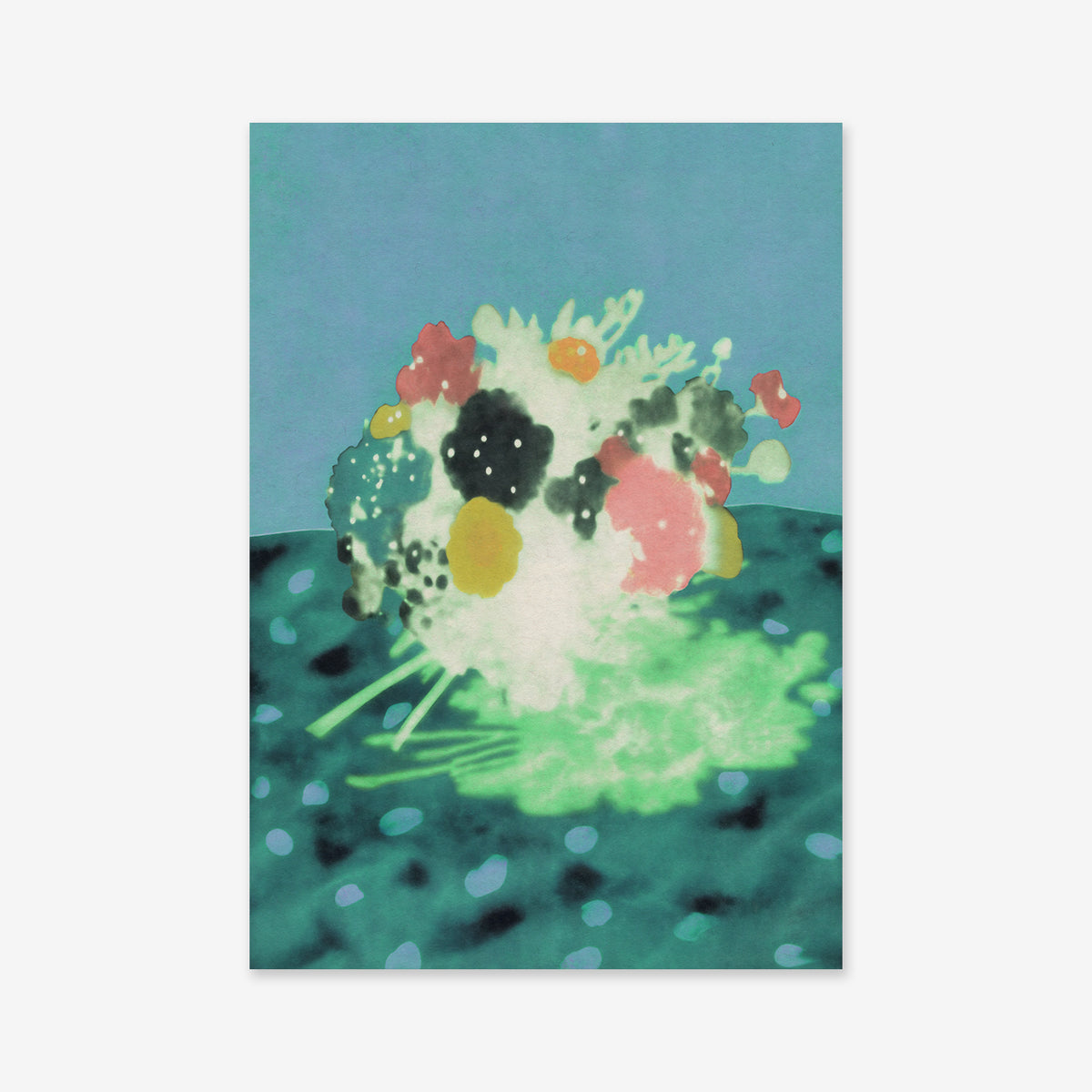“Flowers on table” features a colorful, abstract bouquet in green, pink, black, and yellow tones against a teal and blue background—ideal as a Giclée art print to enhance any modern interior.