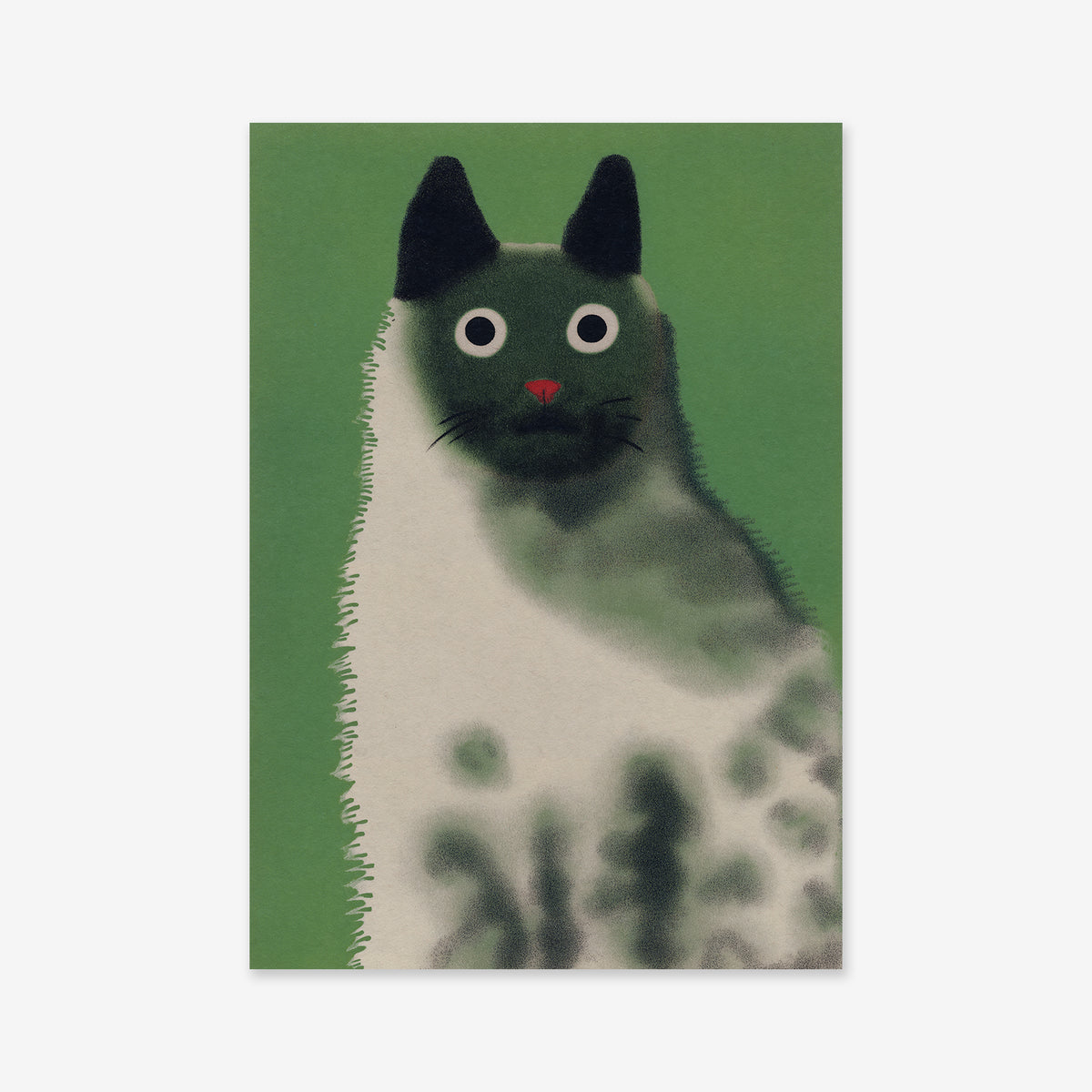 Fluffy cat" features a white and gray spotted feline with wide eyes and black ears, sitting on a solid green background. This simple, stylized giclée art print is perfect for adding a modern touch to your interior.