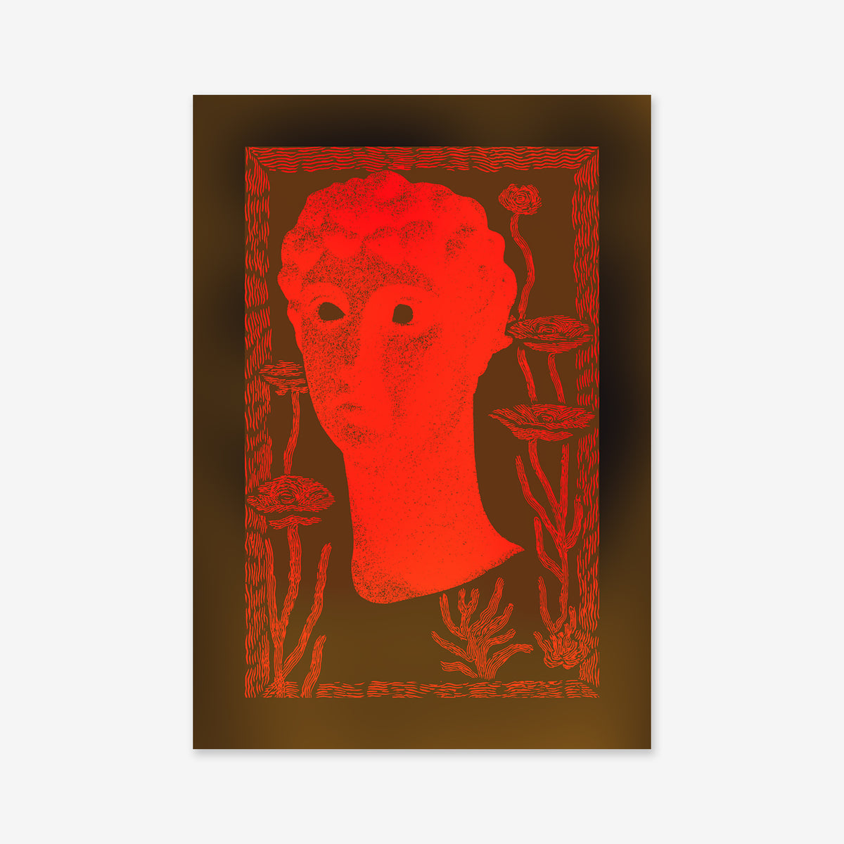 Forgotten" features a stylized red bust with hollow eyes on a brown backdrop, encircled by abstract floral designs—a striking Giclée art print that elevates any modern space.