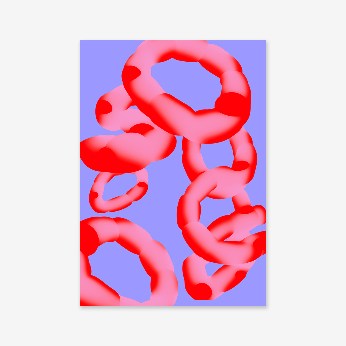 Form No. 1 is an abstract digital art print with soft-edged red and pink rings on a light blue background. Printed on matte archival paper, this Giclée print adds depth and motion to modern interiors.