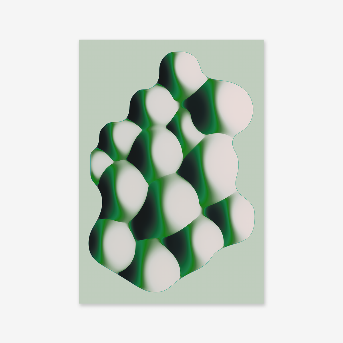 Form No. 2 is a giclée art print featuring abstract, blob-like shapes with smooth wavy green and white gradients on a light green background, adding a modern touch and evoking interconnected cells or pebbles.