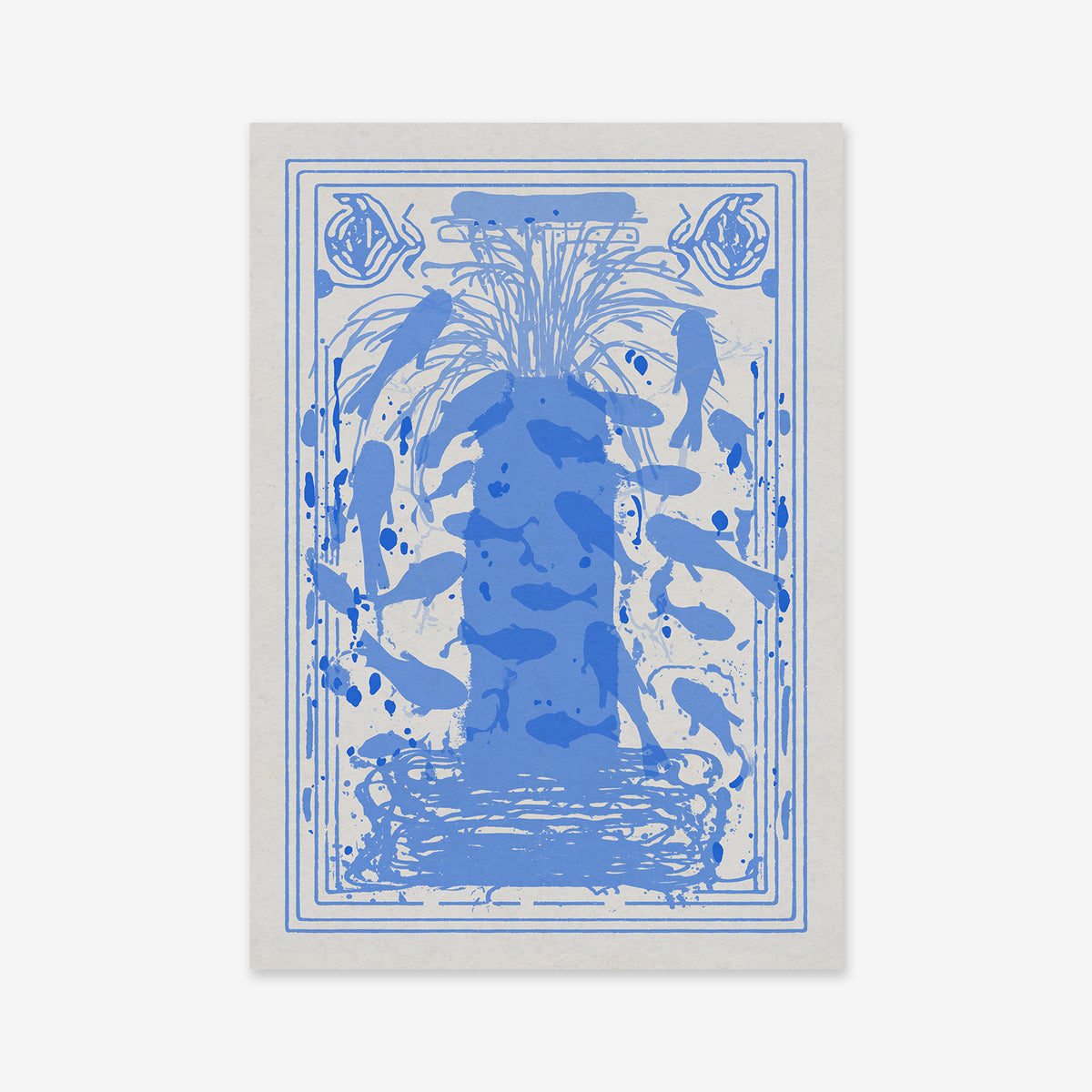 Fountain of fish: A blue abstract illustration featuring a plant with long, thin leaves in a vase, surrounded by fish-like shapes and splatter patterns within an ornate border. Ideal as a Giclée art print for modern interiors.