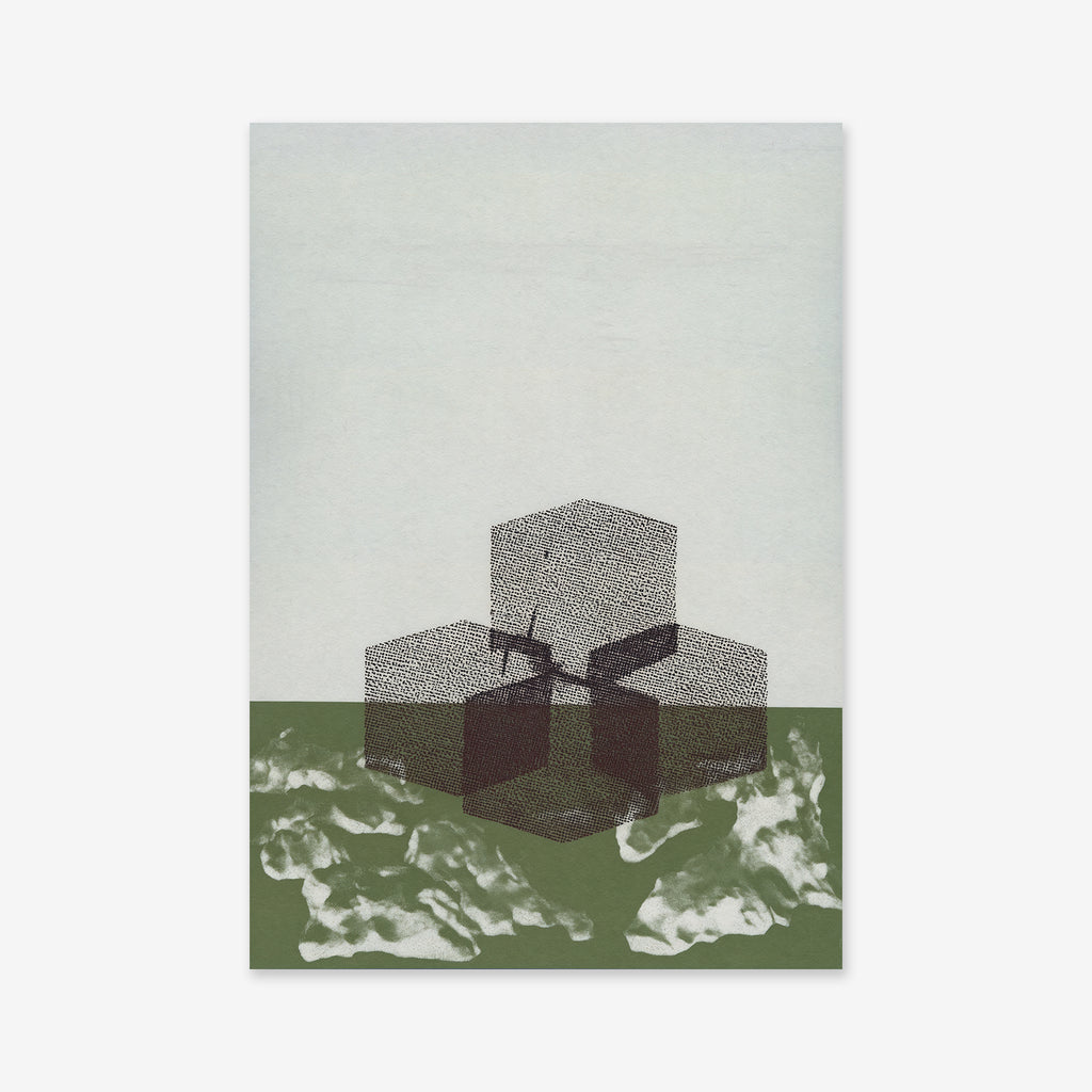 Four boxes" features abstract art of four semi-transparent, dotted black cubes on green grass with cloud-like white forms and a pale sky—perfect as a giclée art print on archival paper for modern interiors.