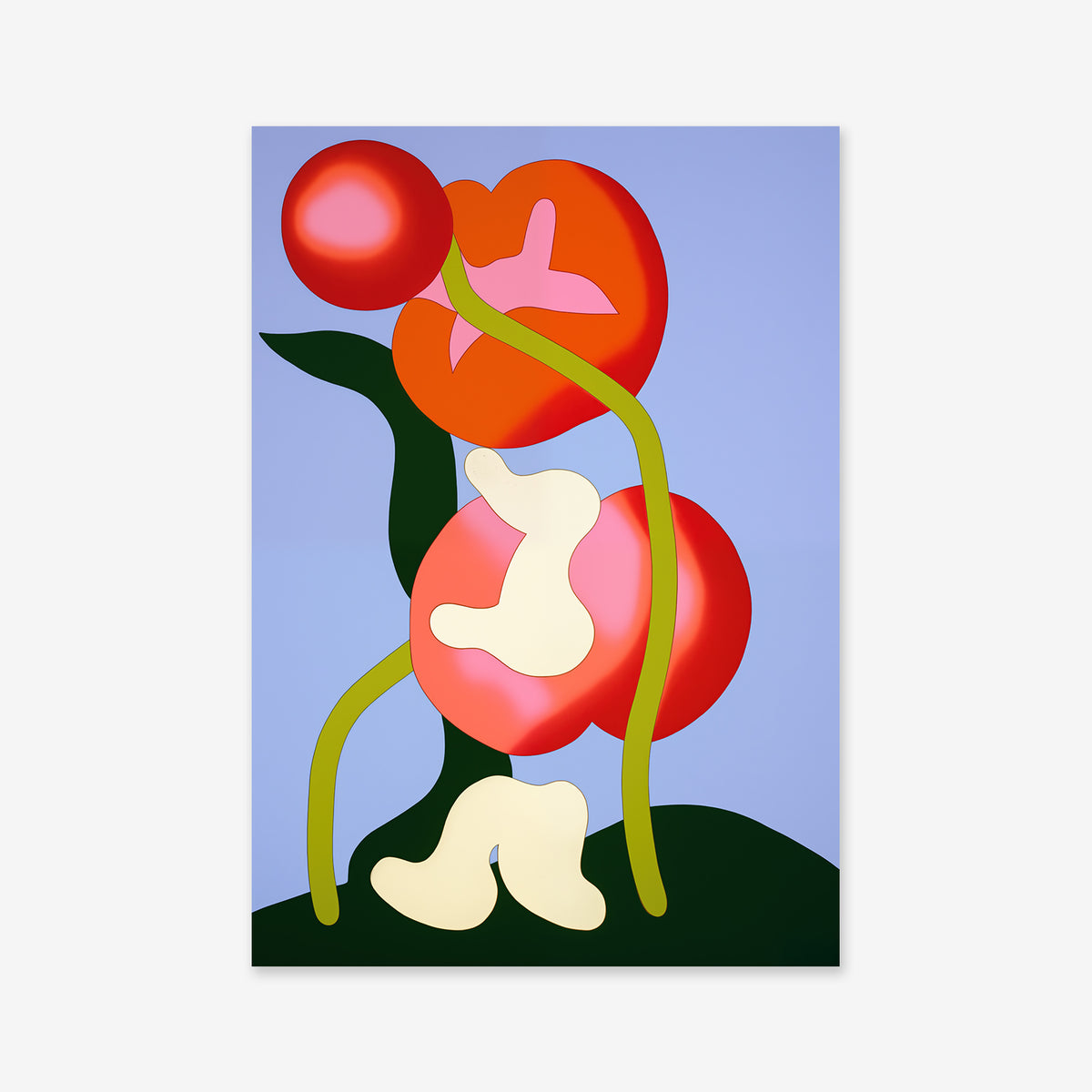 Fresh Tomatoes: A bold, minimalistic Giclée art print featuring two large red tomatoes with green stems and pale shapes on a blue background with a dark green base—perfect for modern interiors.