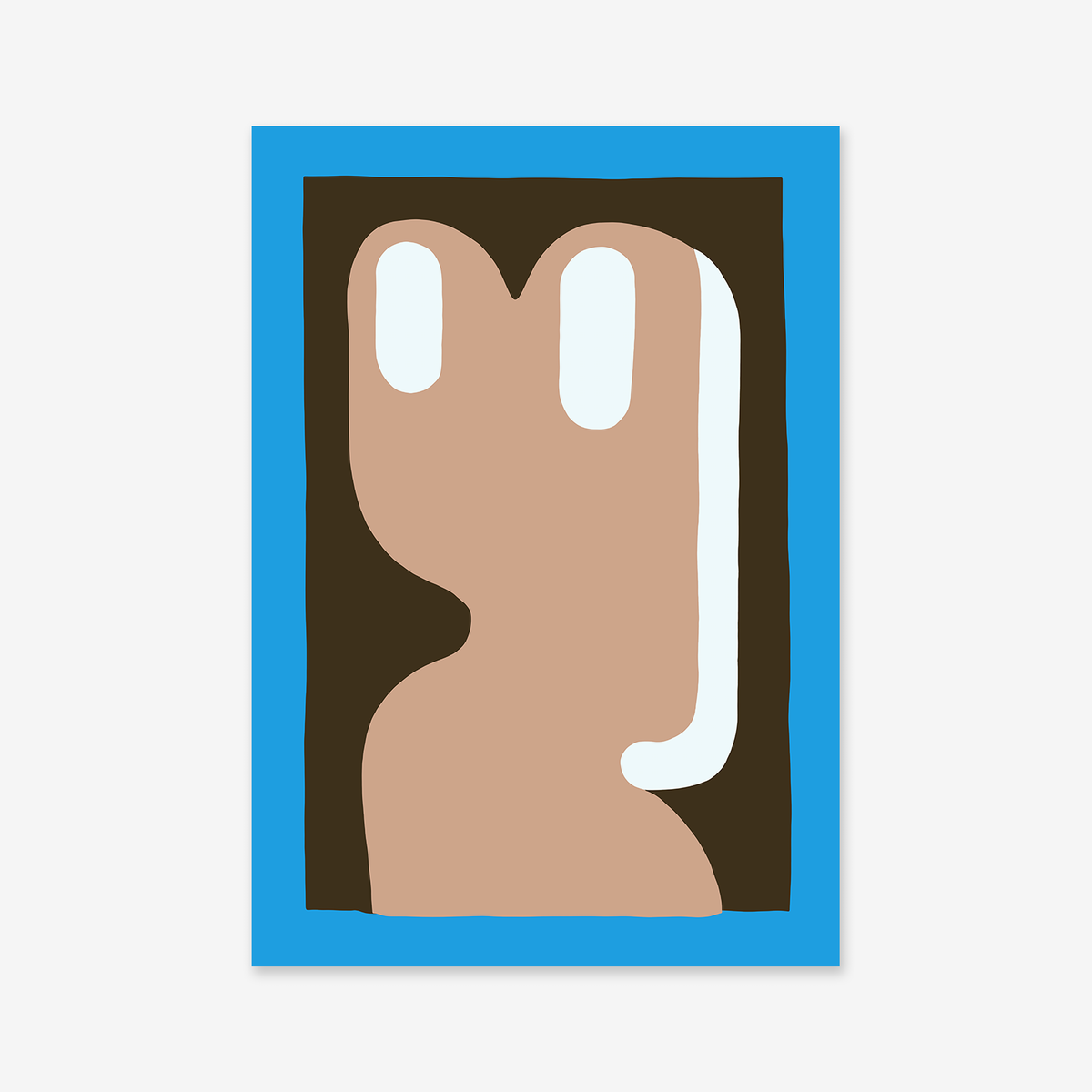 Froggy is a minimalist abstract Giclée print with a beige organic shape and two vertical white ovals, set against a white background, outlined by a dark brown frame and bright blue border. Printed on matte archival paper, ideal for modern décor.