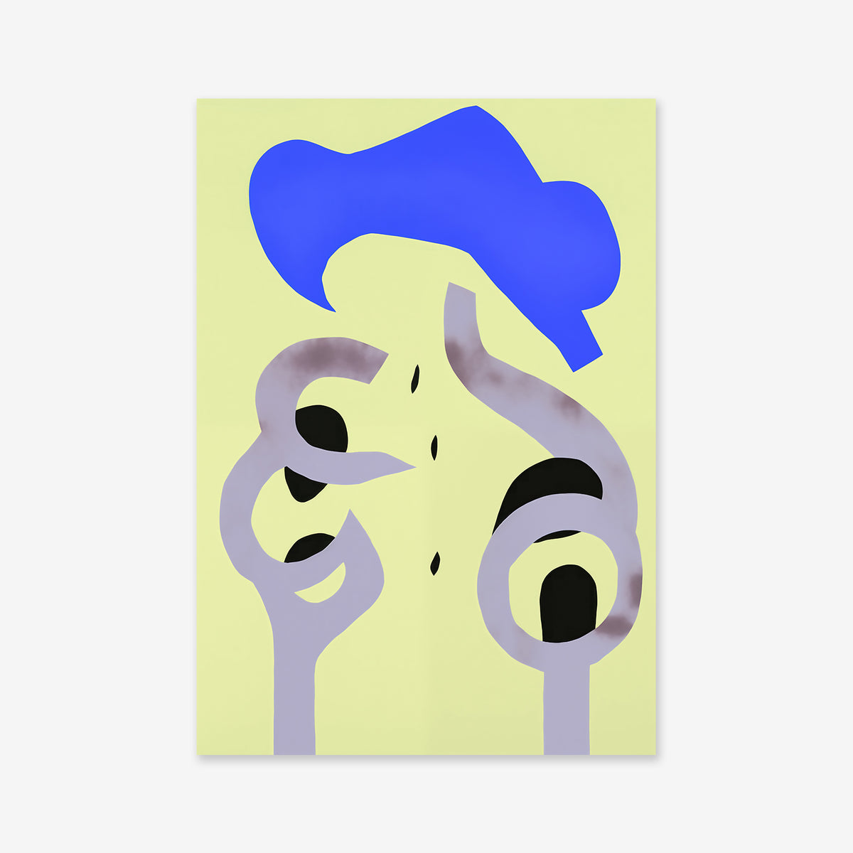 From above No. 2: Abstract curving gray shapes with black ovals on pale yellow, topped by a blue, cloud-like form. Striking as a Giclée art print on matte archival paper for modern interior decor.