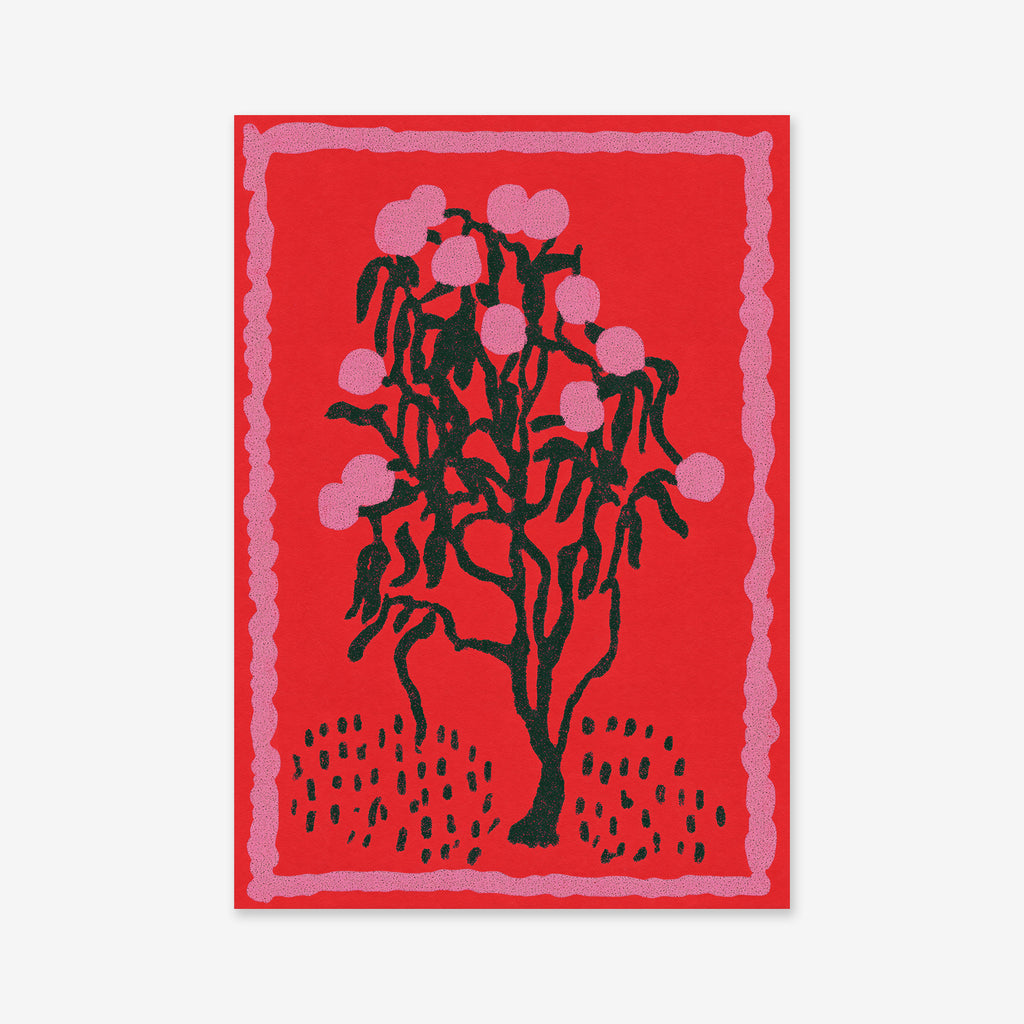 Fruit plant No. 1 features a stylized tree with dark branches, leaves, and round pink fruit on a bold red backdrop with a pink wavy border—an ideal Giclée art print for modern interior decor.