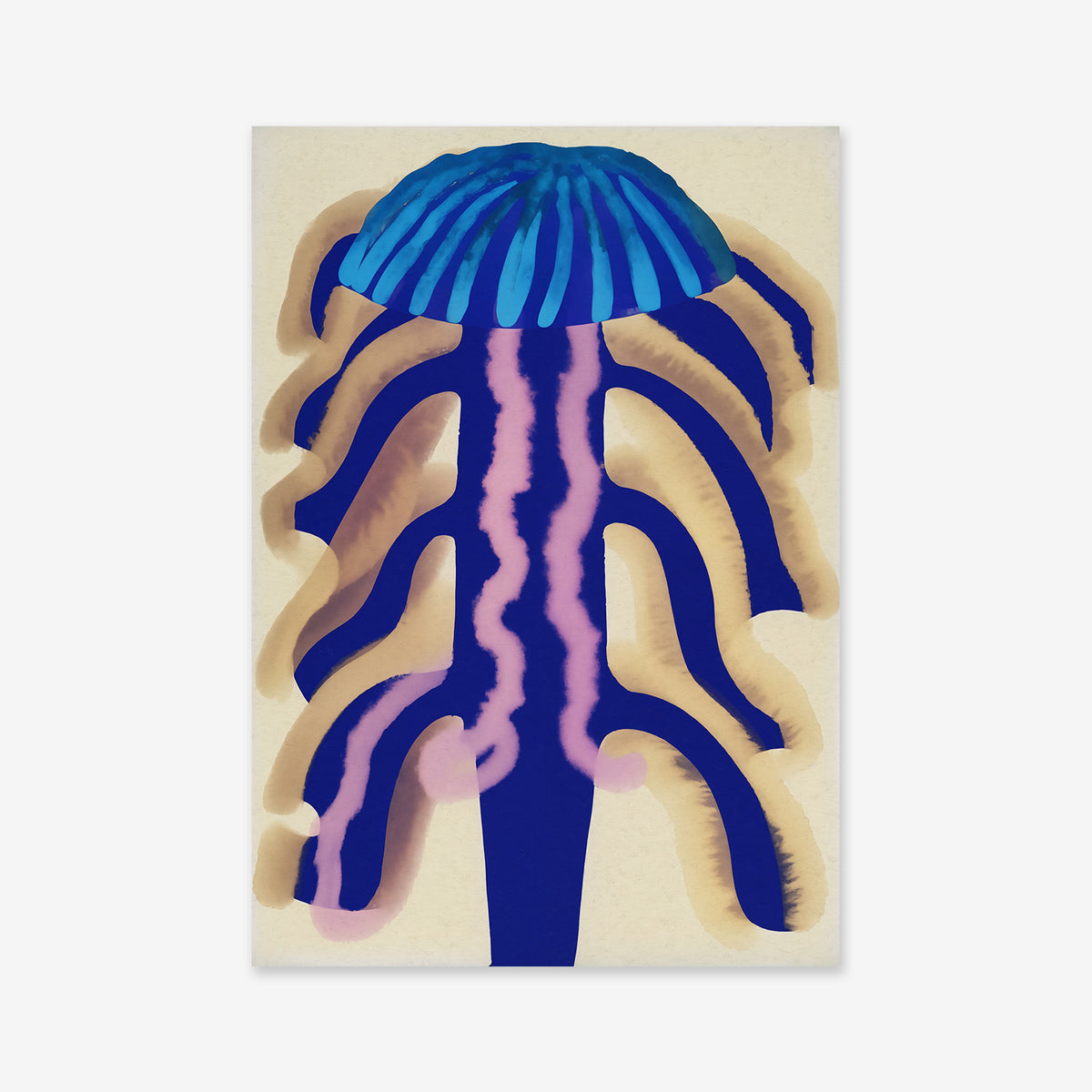 Fungus flower No. 3 features a stylized illustration with a blue dome top, flowing dark tentacles, and wavy pink lines on a light beige background—ideal as a giclée art print for any modern interior.