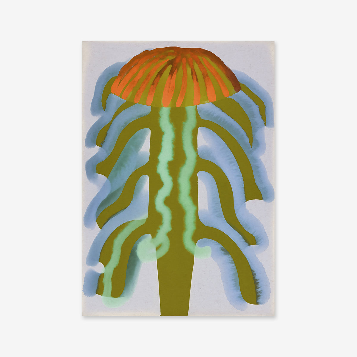Fungus flower No. 1: A modern Giclée art print featuring an abstract illustration resembling a jellyfish with an orange top and green, wavy blue-outlined tentacles on a light background—ideal for stylish interiors.