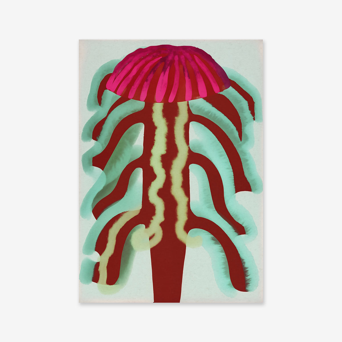 Fungus flower No. 2 features an abstract illustration with a pink dome and red tentacles outlined in teal. This Giclée art print on matte archival paper brings vivid color and modern charm to any interior decor.