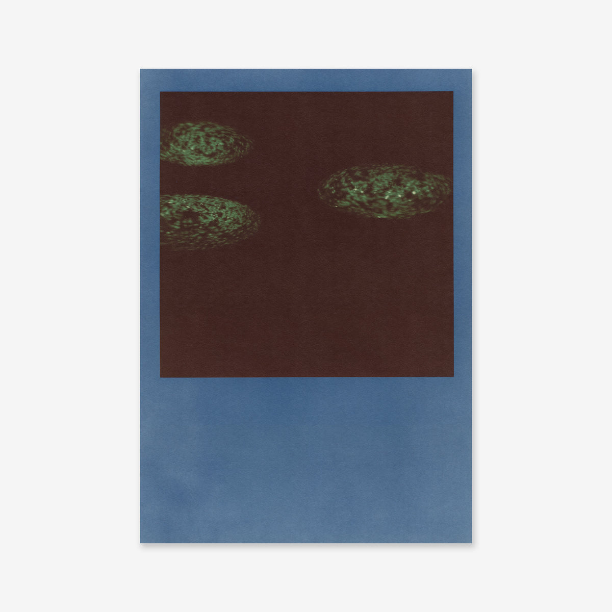 The 'Galaxies' rectangular giclée art print displays a black square with three green ovals in the upper left on a blue lower background—an ideal addition for modern interior decor.