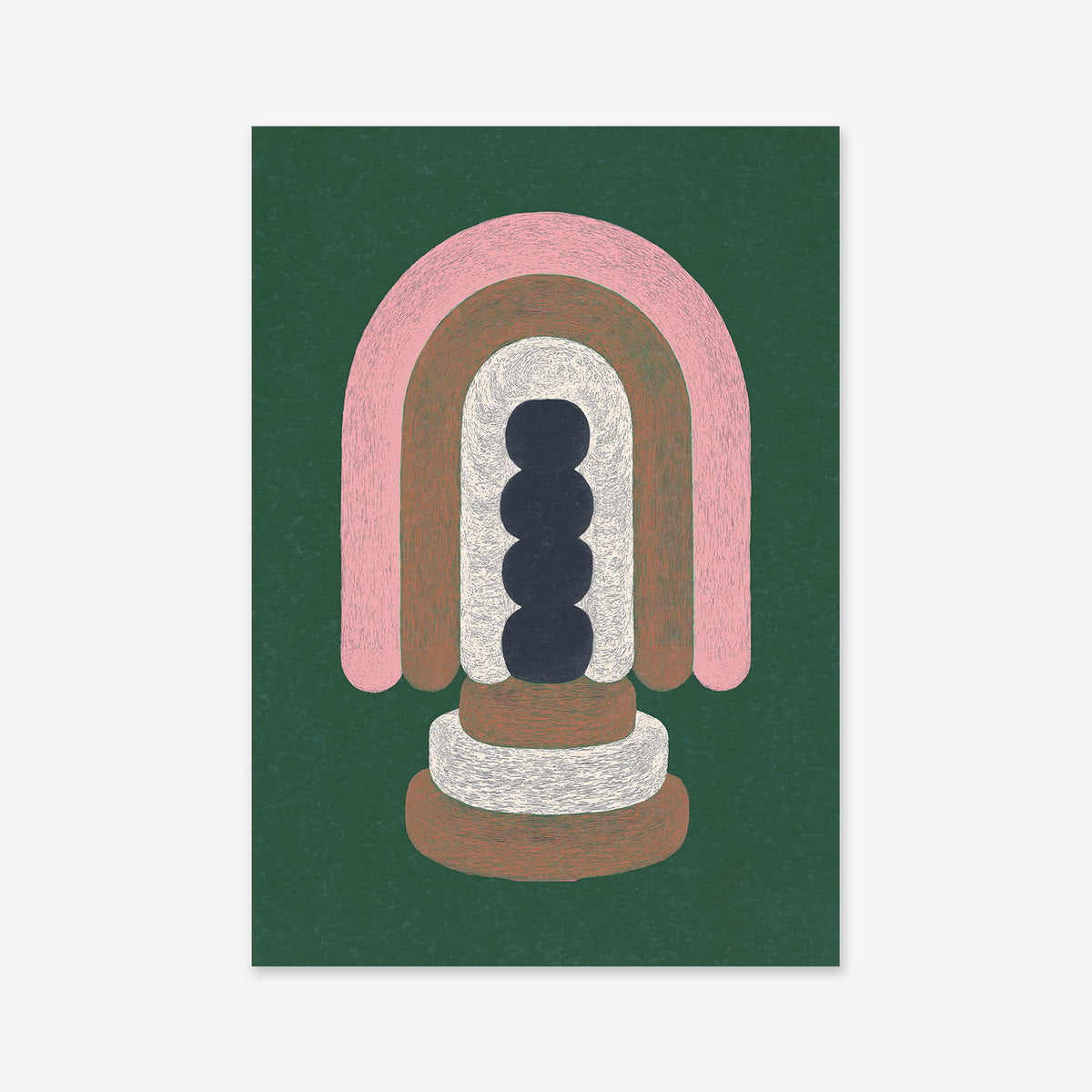 The Gate Statue features abstract layered arches in pink, brown, and gray around a vertical stack of dark blue ovals on a textured dark green background—ideal as a giclée art print to elevate any modern space.