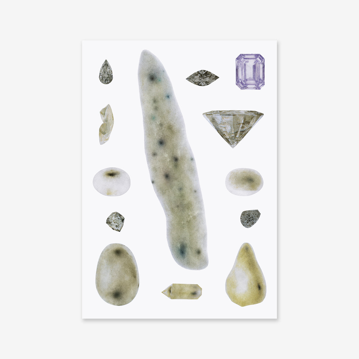 Gemma No. 1 Giclée art print featuring a collection of various raw and faceted gemstones, including a large, elongated speckled stone in the center.