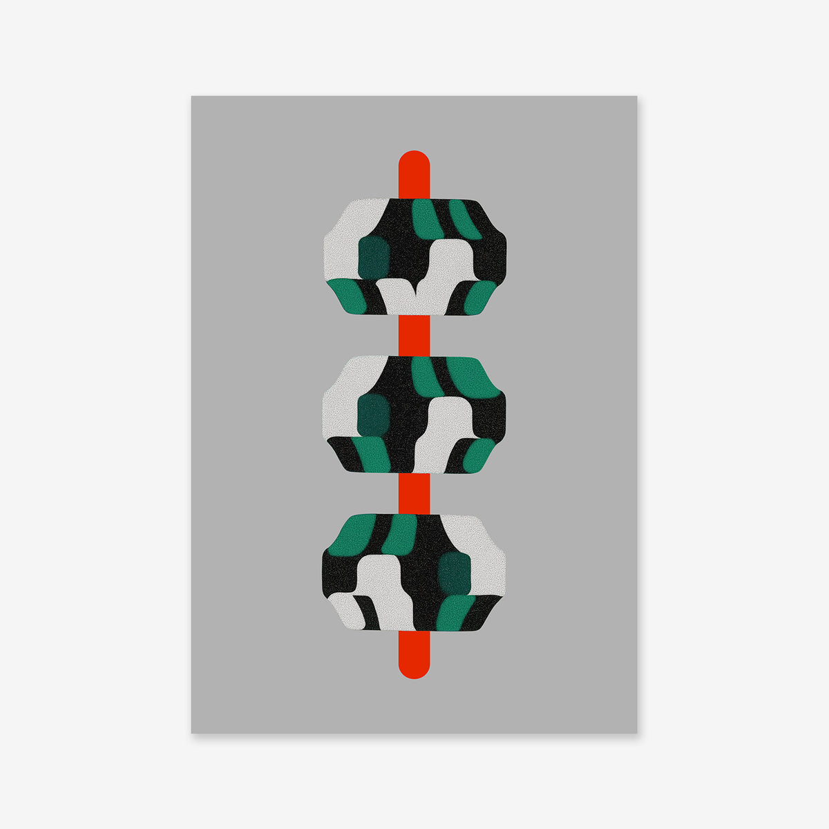 Gemstones: Abstract Giclée art print featuring three geometric shapes with black, white, and green patterns, vertically aligned on an orange-red line over a solid gray background—perfect for modern interior decor.