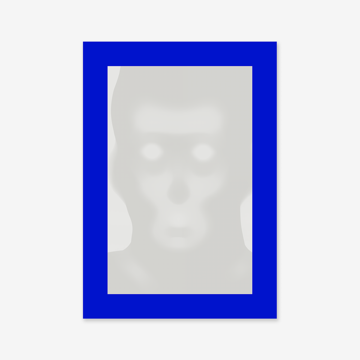 A haunting face with empty eyes emerges inside a bright blue rectangle on white in "Ghost fading"—an evocative giclée art print perfect for any modern interior.