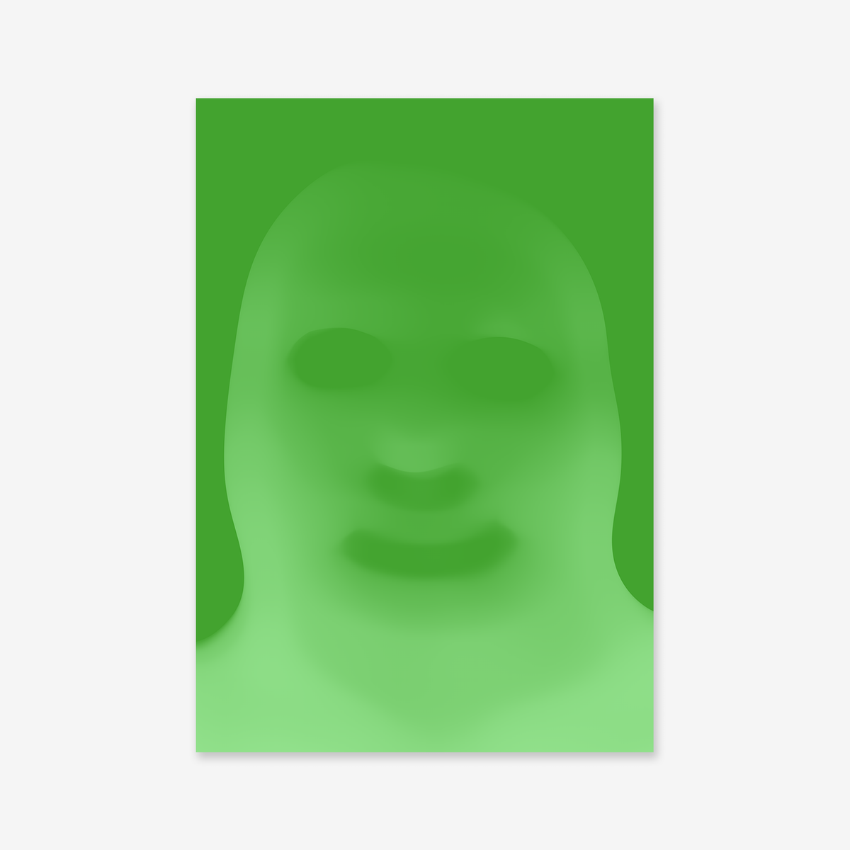 Ghosting No. 1 is a Giclée art print featuring a blurred, abstract green human-like face with soft edges, centered on a rectangular green background—perfect for modern interiors.