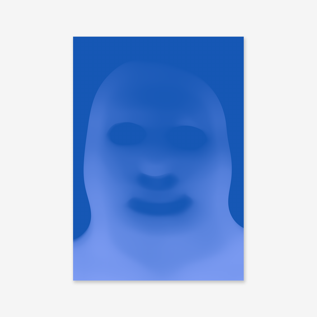 Ghosting No. 2 is a giclée art print featuring a blurred, abstract blue face with indistinct features on a solid blue background. The gradient effect and premium archival paper make it perfect for adding modern style to your space.