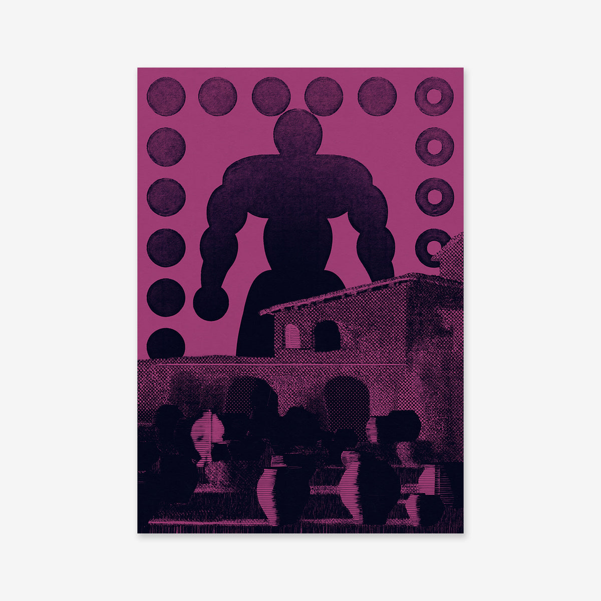 “Giant,” a Giclée art print in purple and black, showcases an abstract figure with rounded forms above a stylized building, surrounded by circles. Its bold, surreal design is perfect as a modern accent for contemporary interiors.