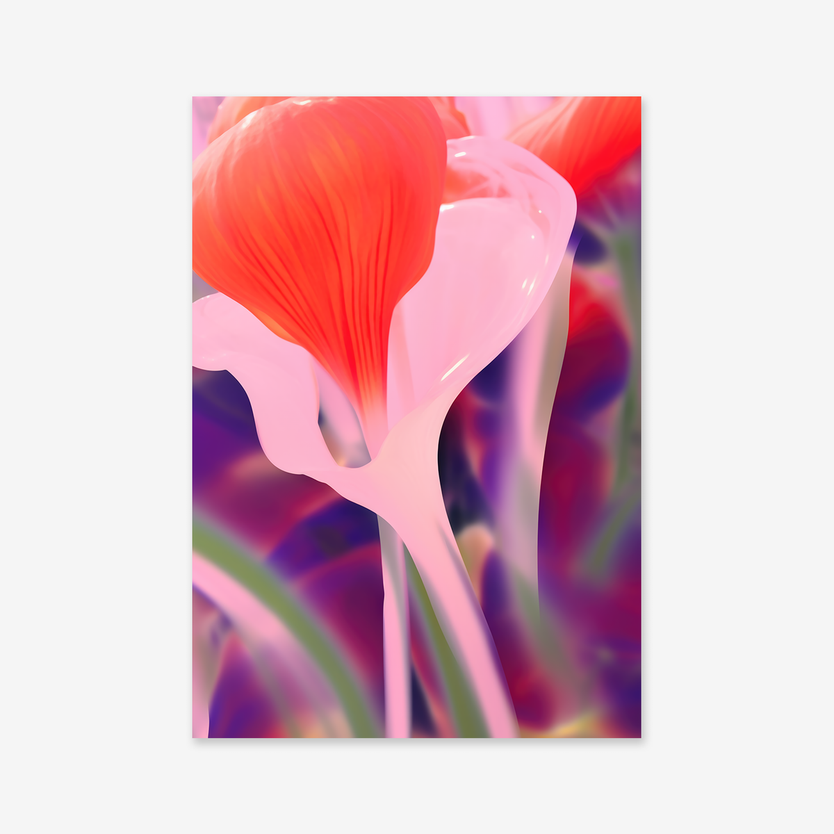 A close-up of Glass flower showcases vibrant red and pink petals with a glossy, liquid texture against a blurred, colorful background—ideal as a giclée art print to elevate any modern interior.