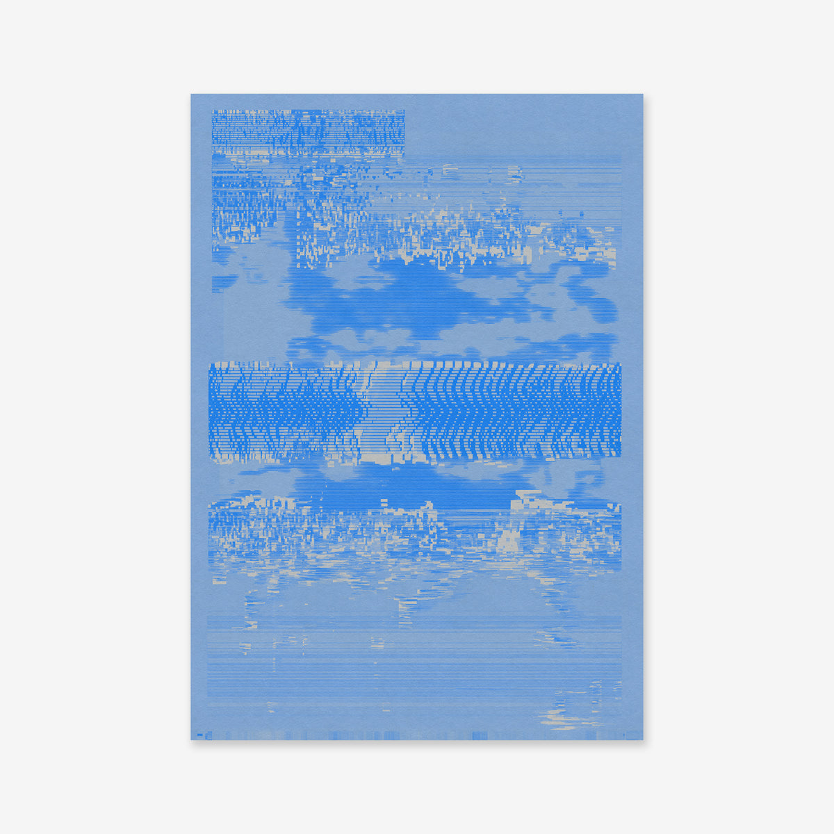 Glitches" is an abstract digital art giclée print featuring blue glitch-inspired patterns and pixelated distortions on a light blue background, adding a layered, modern touch to any space. Printed on premium archival paper for lasting quality.