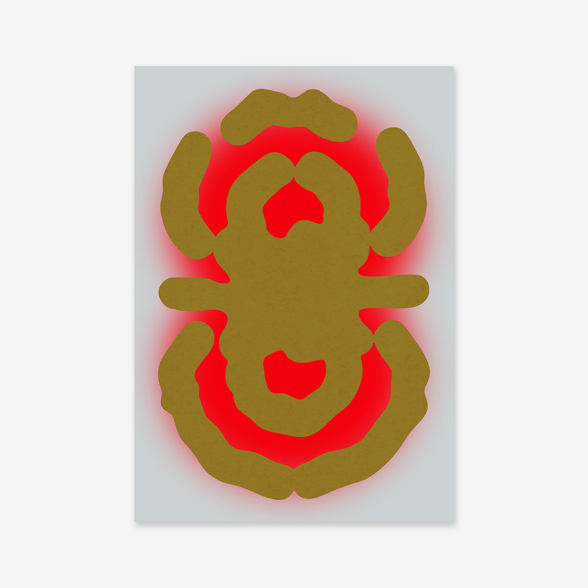 Buggy bug No. 2 is a giclée art print featuring an olive-green, insect-like symmetrical form outlined with a soft red glow on a light gray background—ideal for modern interiors.