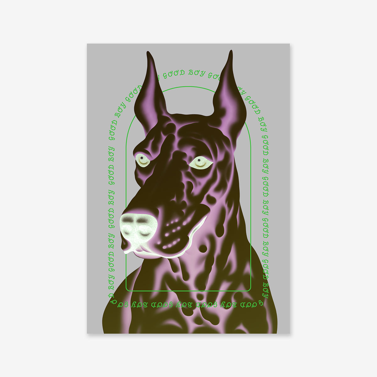 Good boy No. 4 is a digital art print featuring a dark brown Great Dane with glowing green eyes under a neon green “GOOD BOY” arch on gray—an eye-catching Giclée piece for modern interiors.