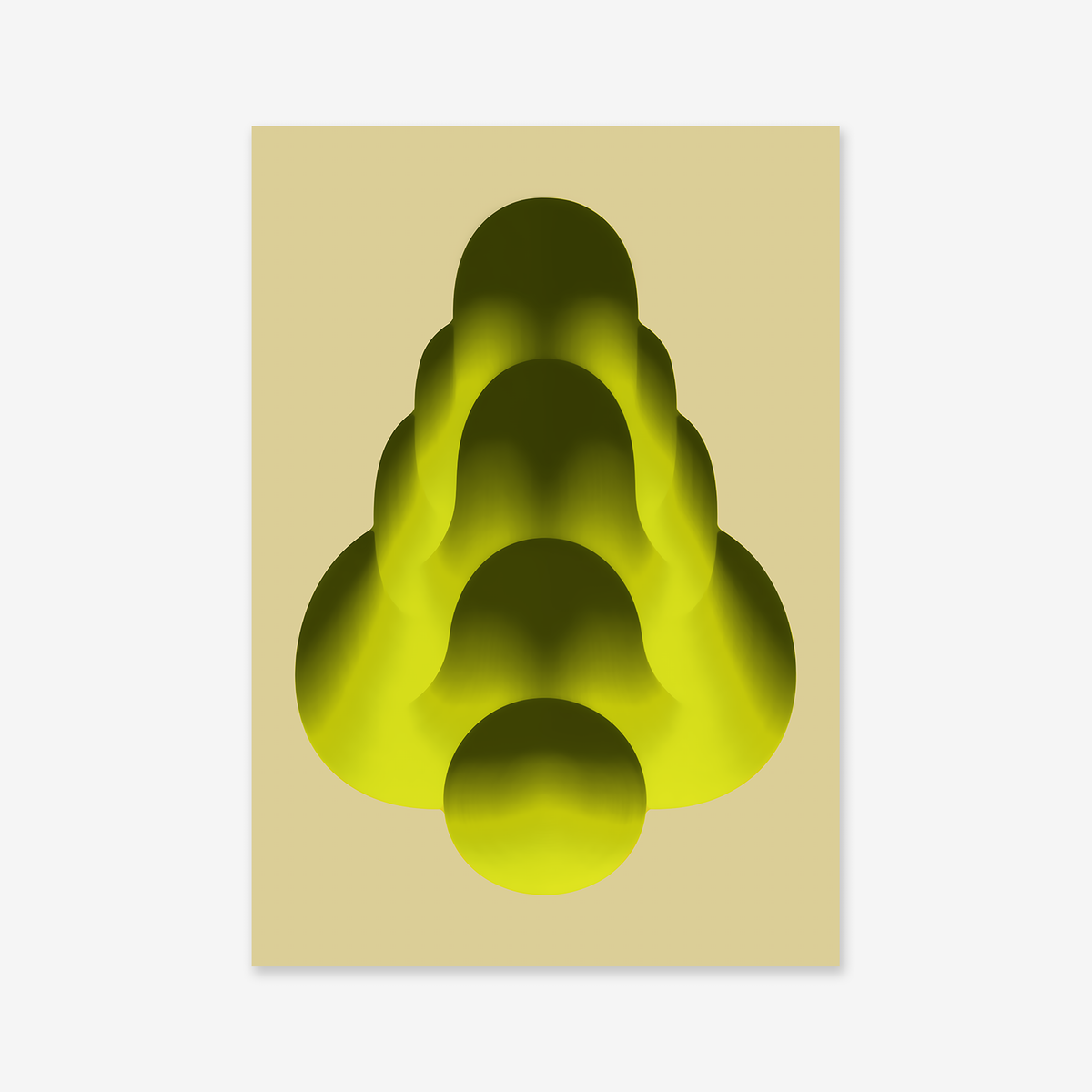 Gradient Shape No. 1: An abstract Giclée art print with overlapping greenish-yellow gradients in rounded, pyramid-like layers on beige archival paper—ideal for adding depth and sophistication to modern interiors.