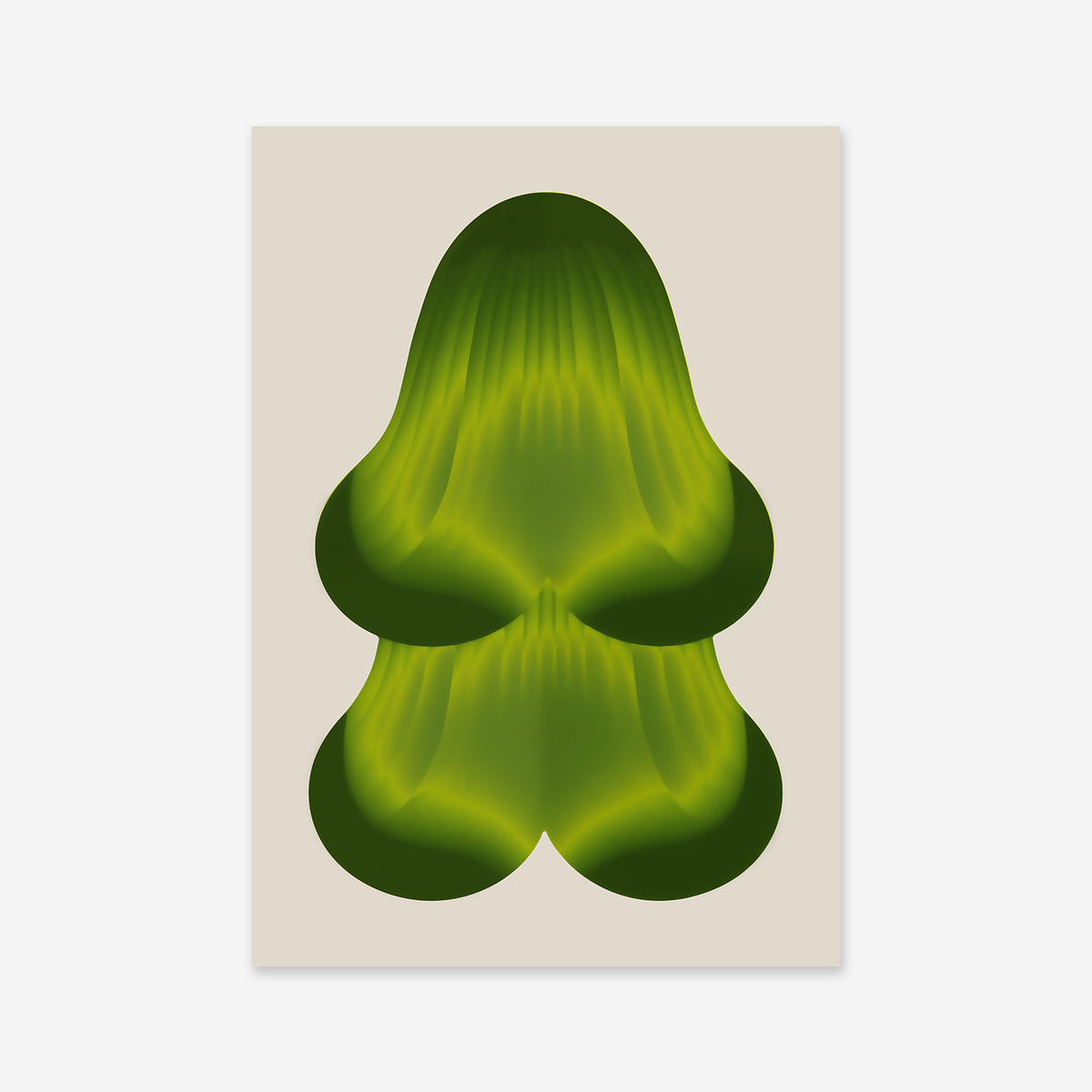 Gradient shape No. 2 is an abstract digital giclée art print featuring a symmetrical green organic form with smooth curves and gradients on a beige background—perfect for adding a modern, nature-inspired accent to any room.