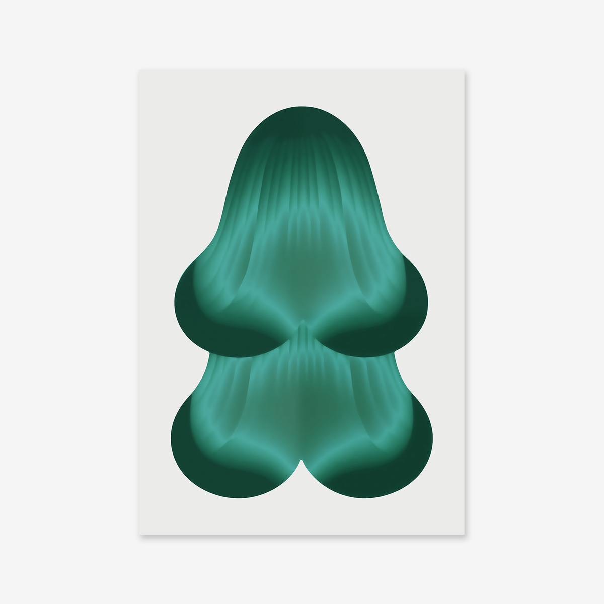 Gradient shape No. 6: Abstract digital artwork with layered teal and green shapes, forming a symmetrical, organic pattern on white—ideal as a Giclée art print for modern interiors.