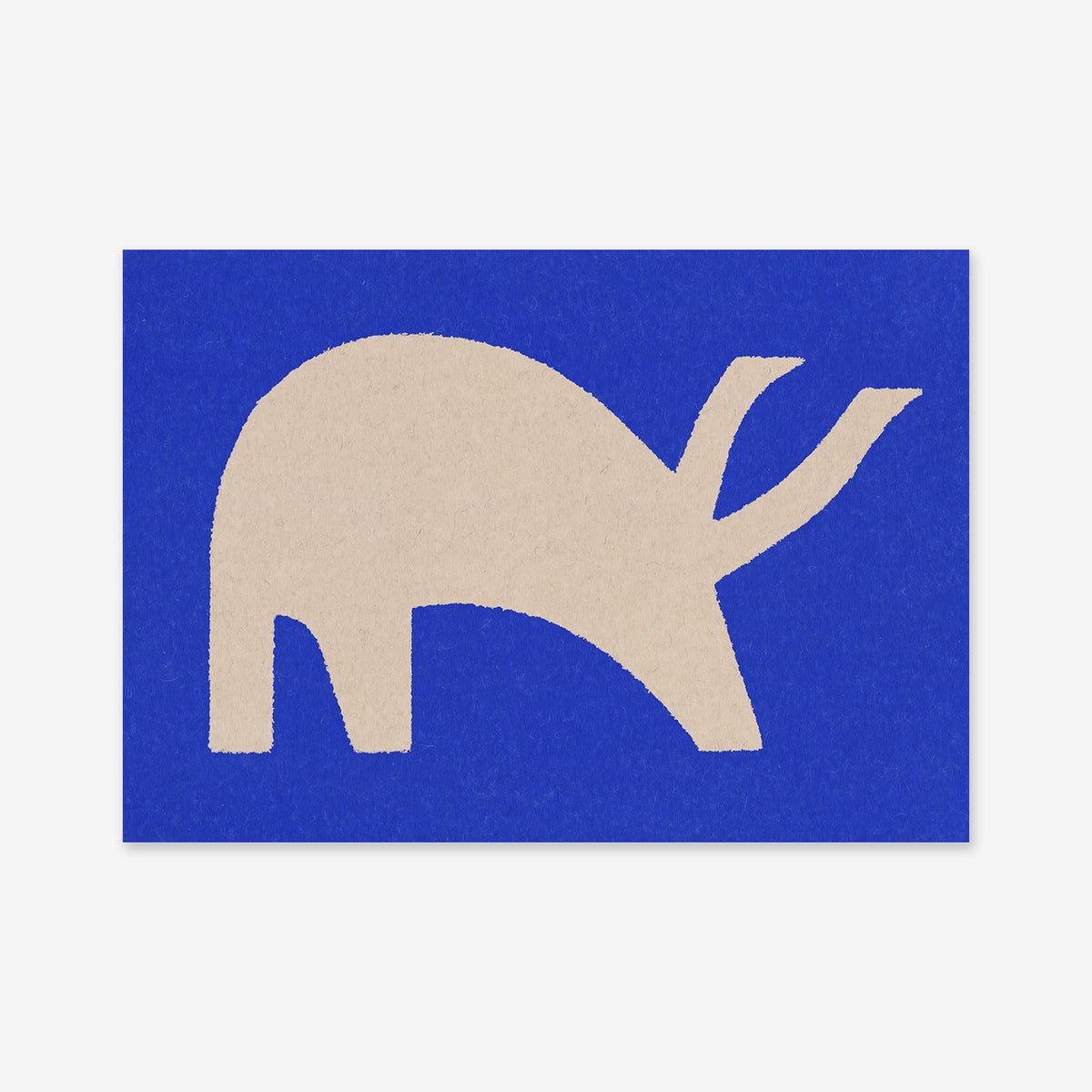 A minimalist beige animal silhouette with a curved back and long snout is featured on a bright blue background. "Grass fed" makes a striking giclée art print, ideal for adding modern style to your decor.