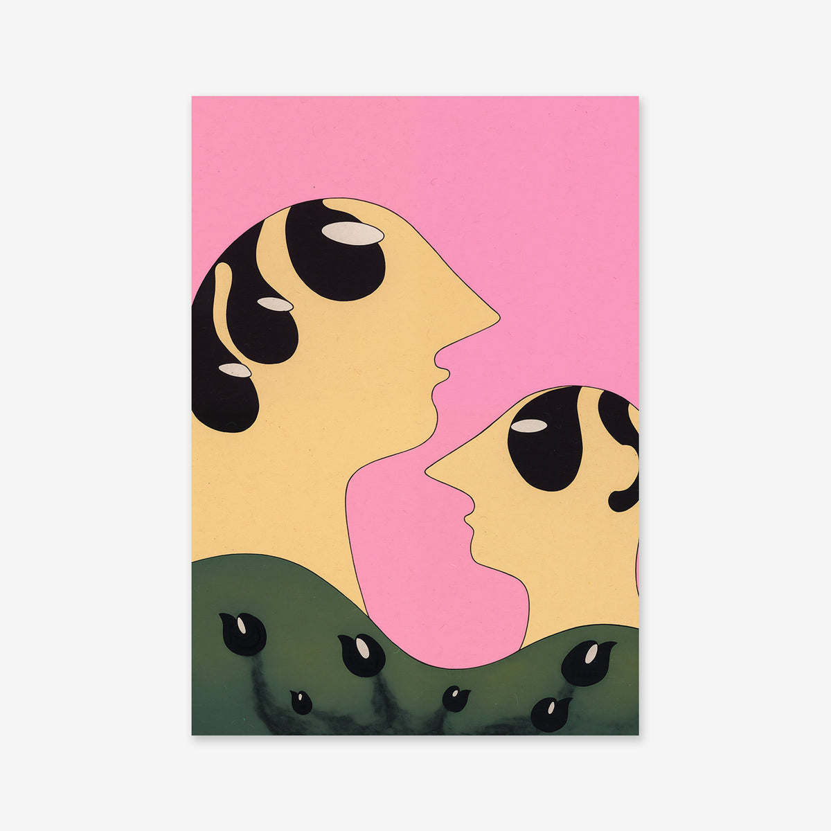 Guarding" features two stylized human profiles with yellow faces, black tear-like marks, and green shoulders against a pink background—an eye-catching Giclée art print ideal for modern interiors.