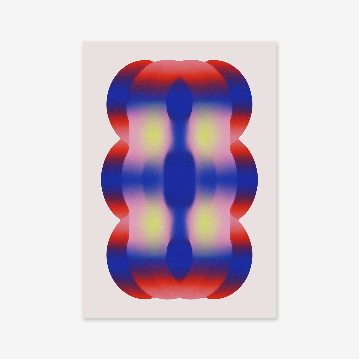 The "Gummy bear" Giclée art print showcases abstract, symmetrical wavy shapes in red, blue, and yellow gradients on a pale background. Soft, blurred edges and mirrored vertical patterns make it perfect for modern interiors.