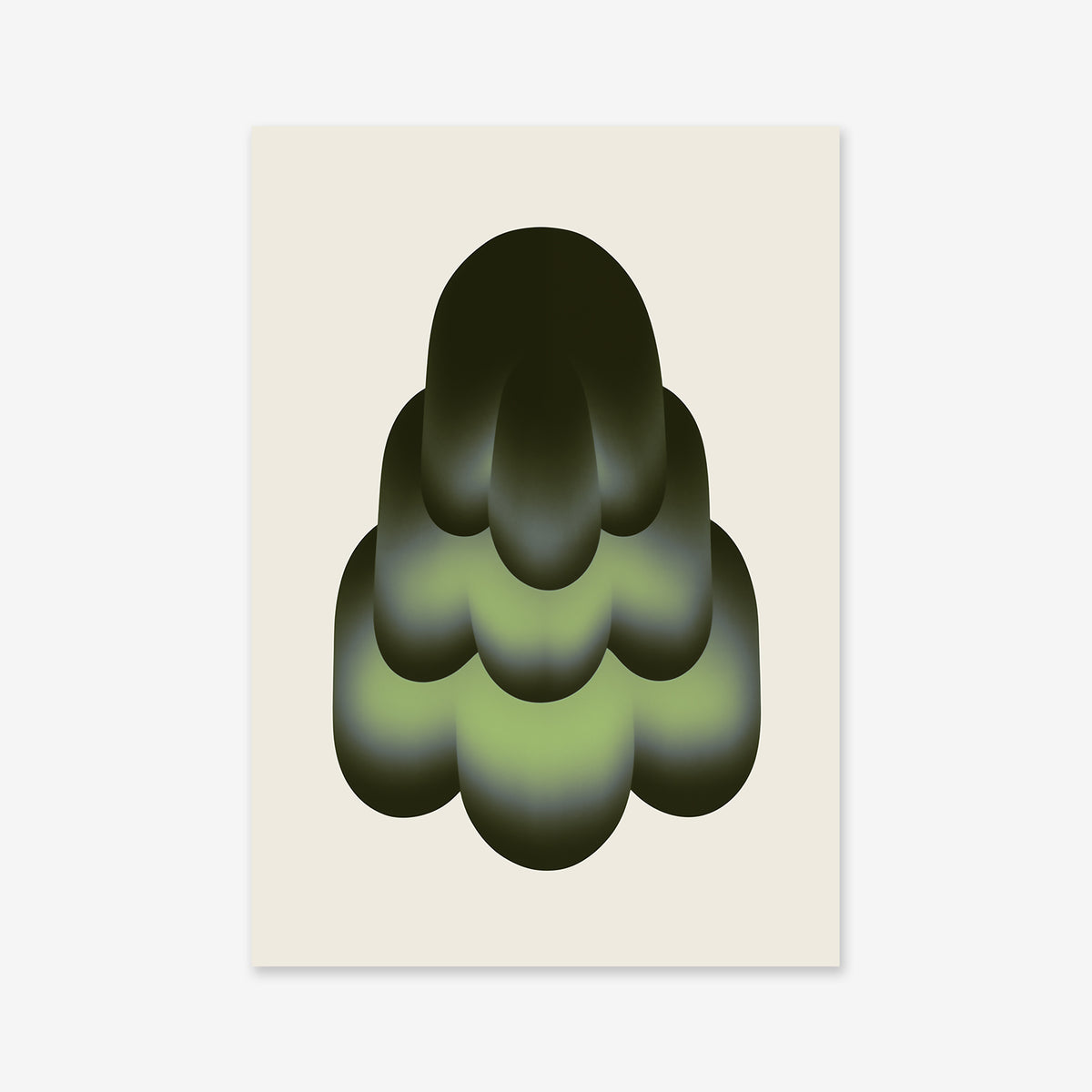 Minimalist illustration of an abstract, layered shape resembling a Gummy cake, with dark and light green gradient ovals on an off-white background—perfect as a giclée art print for modern interiors.