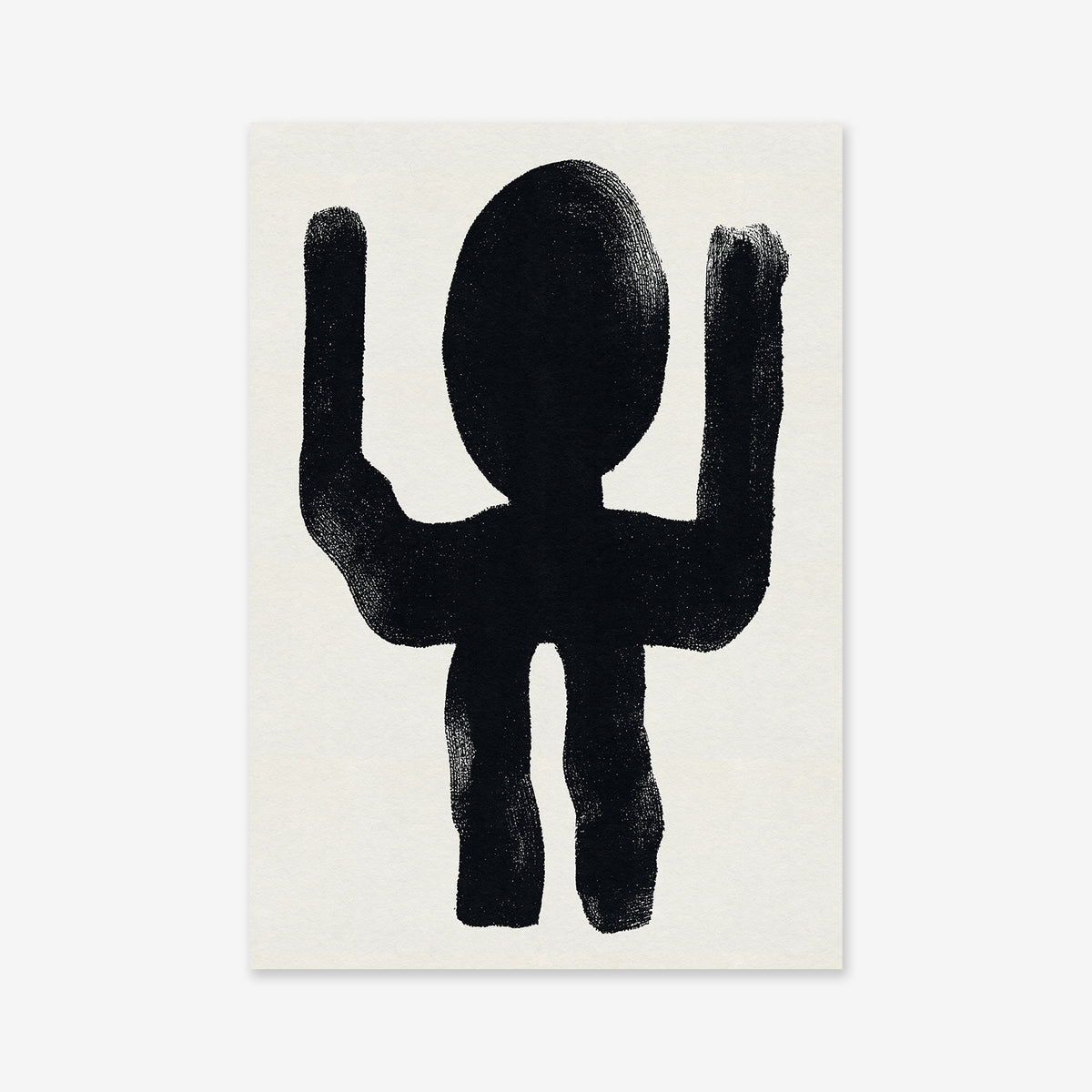 “Hands up” features a black abstract figure with a round head and raised arms, painted in bold strokes on a white background—ideal as a giclée art print to enhance any modern space.