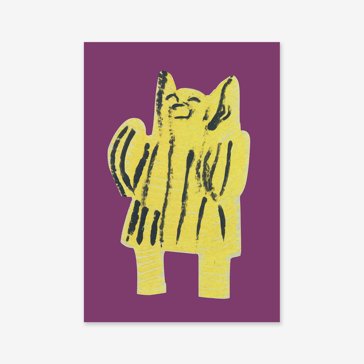 The "Happy cat" art print features a stylized yellow cat with black stripes, upright against a purple background. With closed eyes and raised arms, this playful giclée adds charm to any modern interior.